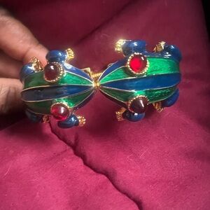 Kenneth Jay Lane Gold Multicolored Enamel Hinged Cuff Frog Bracelet